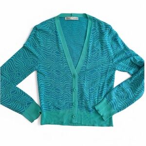 Sale ✨Zara Blue Turquoise Waves Jacquard Knit Cardigan Sweater Size M